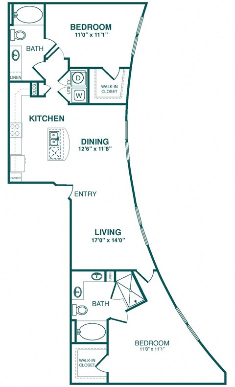 Floor plan for 2 beds, 2 baths, 1322 sqft